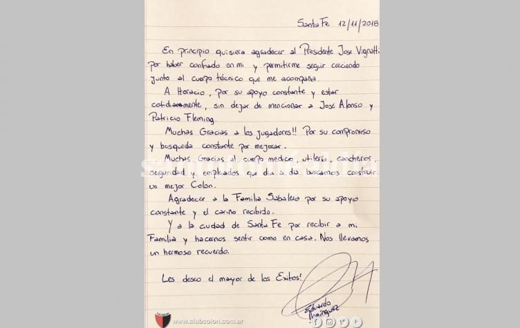La carta que dejó Eduardo Domínguez antes de irse de Colón. (Foto: Prensa Colón)