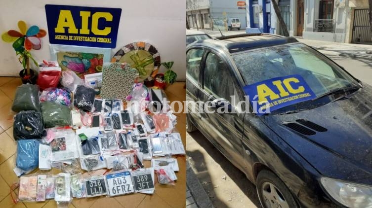 Algunos de los elementos secuestrados por la AIC y el auto que utilizaron en casi todos los hechos. 