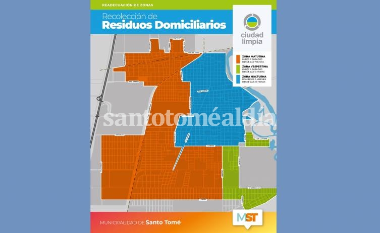 El plano con las nuevas zonas de recolección. (Municipalidad de Santo Tomé)