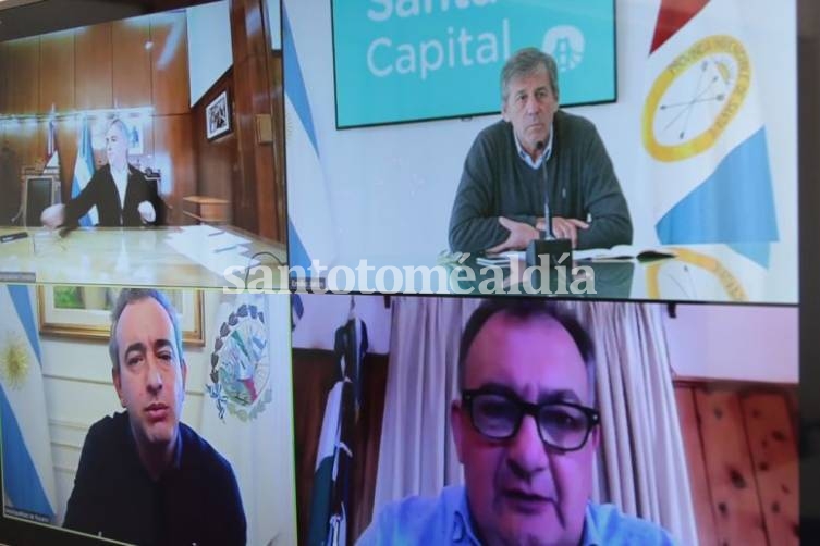 Los mandatarios de Santa Fe, Rosario, Córdoba y Bariloche, en la reunión virtual. 