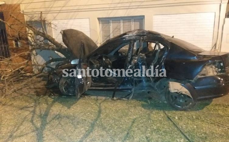 Violento choque: un auto arrancó un árbol en Avenida Luján