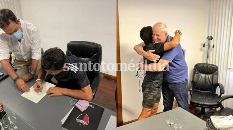 Rodríguez firmó su nuevo contrato y se fundió en un abrazo con el presidente Sabalero.