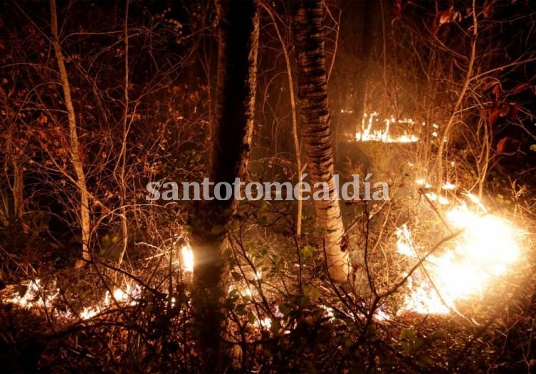 El fuego arde en el Área de Conservación Ecológica de la Nación Guaraní Nembi Guasu.