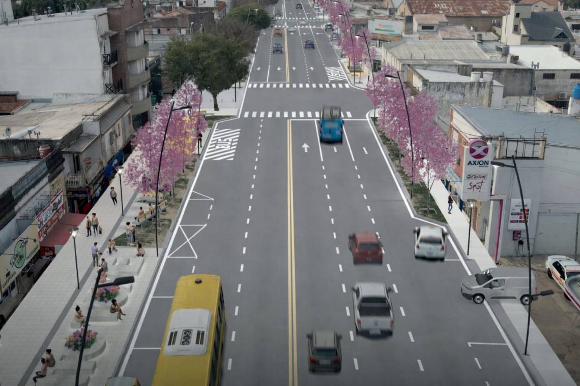 Render del proyecto que muestra cómo será la intervención en Avenida 7 de Marzo, en la zona de Maciá, con la ampliación de carriles y la reorganización del tránsito en el acceso a nuestra ciudad.