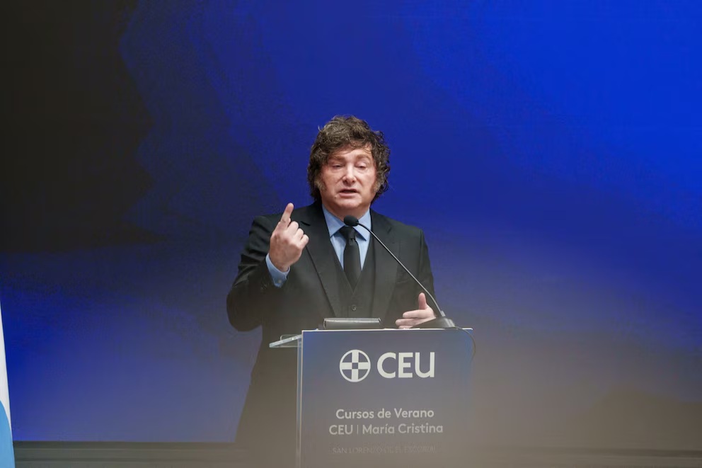 El presidente de Argentina, Javier Milei, en la apertura de los Cursos de Verano CEU-María Cristina, en Madrid. (Crédito: Matías Chiofalo/Europa Press)