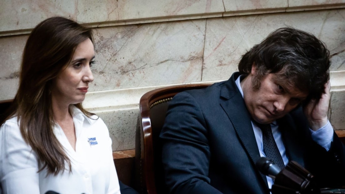 La vicepresidenta argentina Victoria Villaruel y el mandatario Javier Milei. (Crédito: Tomas Cuesta/Getty Images)